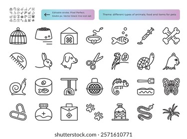 Pets types, animals items, black line icon set for grooming salons, vet clinics, shelters, vector monochrome signs, editable stroke