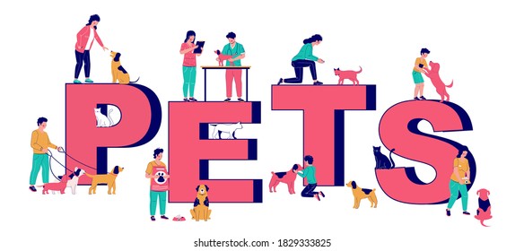 Pets typography vector banner template. Happy people with dogs. Men, women, kids walking, feeding, training their puppies, visiting vet. Homeless pet adoption, dog training classes, animal care.