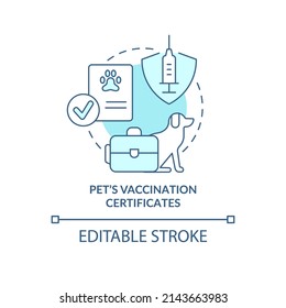 Pets vaccination certificate turquoise concept icon. Belongings and documents abstract idea thin line illustration. Isolated outline drawing. Editable stroke. Arial, Myriad Pro-Bold fonts used