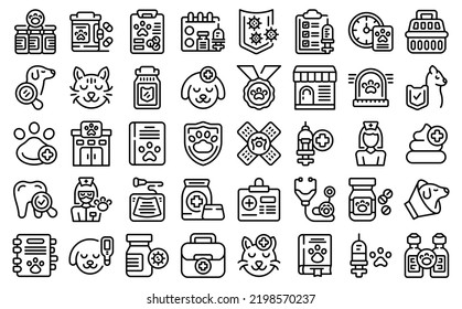 Los iconos de vacunación de mascotas establecen el vector de contorno. Perro mascota. Animal cat