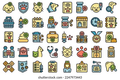 Los iconos de vacunación de mascotas establecen el vector de contorno. Perro mascota. Color del gato animal