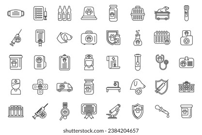 Pets vaccination icons set outline vector. Dog pet animal. People doctor owner