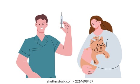 Pets vaccination veterinarian service. Vet clinic, veterinar with syringe and girl holding dog. Flat vector pet healthcare concept, animals health support