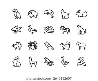 Pets Vector Icon Set | Adjustable Line Weight | Parrot, hedgehog, chameleon, guinea pig, cat, dog, rabbit, turtle, horse, snake, aquarium fish, pony, spider icons