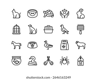 Pets Vector Icon Set | Adjustable Line Weight | Cat, dog, rabbit, turtle, bird, grooming, pet food, animal care, cage, fish tank, pet accessories, pet adoption icons