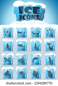 pets vector icons frozen in transparent blocks of ice