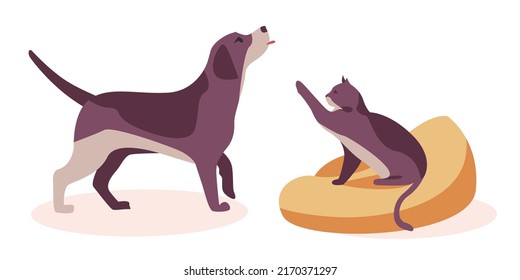 Mascotas. Imagen vectorial de un gato con un perro de fondo blanco. Mascotas. Animales cortos