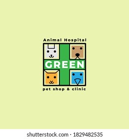 Pets Vector Logo Template. Modern animal icon label for store, veterinary clinic, hospital, shelter, business services. Flat illustration background with dog, rabbit, bird and cat heads