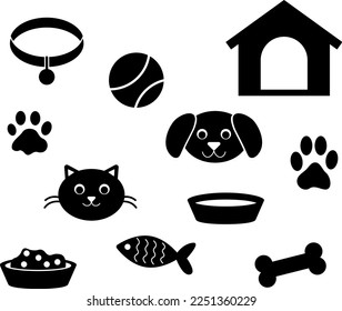 Pets, vector set black color. Cat, dog, footprints, bowls of water and food, ball, collar, bone, fish, dog house.