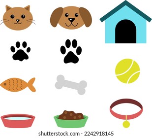 Pets, vector set. Cat, dog, footprints, bowls of water and food, ball, collar, bone, fish, dog house.