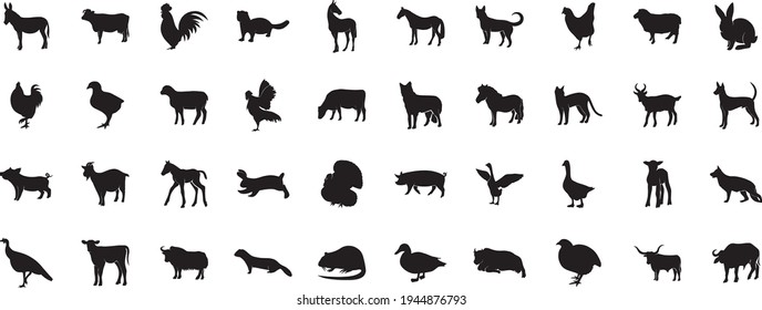 Pets vector silhouettes isolated on white background. Farm animals icons. Poultry, cattle, cats, dogs.