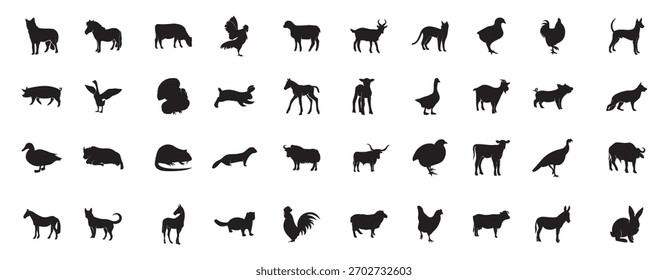 Haustiere, Vektorsilhouetten, einzeln auf weißem Hintergrund. Symbole für Nutztiere. Geflügel, Rinder, Katzen, Hunde.