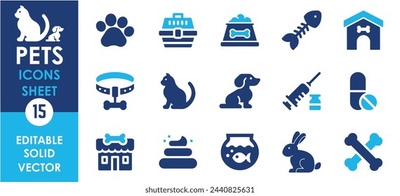 Pets and vet flat icons set. Pet food, pet shop, vaccination and so on. Flat pet icons set.