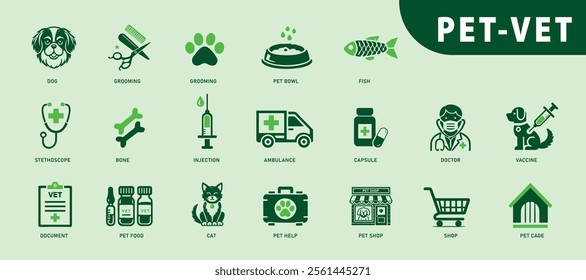 Pets and vet flat icons set. Pet food, pet shop, vaccination, paw print, vet help icons and more signs. Flat icon collection.