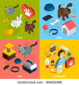 Pets veterinary design concept set with dogs and cats isometric icons isolated vector illustration