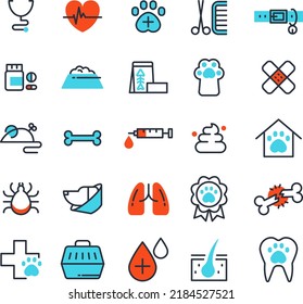 Pets and Veterinary Healthcare, Vector Icon Set, Color Line Art