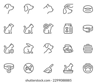 Pets. Veterinary medicine and animal care. Dog, cat, aquarium fish, rabbit. Vector line icons set. Editable stroke. Pixel perfect. - Shutterstock ID 2299088885