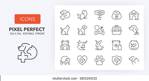 Pets and veterinary thin line icon set. Outline symbol collection. Editable vector stroke. 256x256 Pixel Perfect scalable to 128px, 64px...