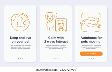 Pets video call concept onboarding app screens. Simplified walkthrough screens for mobile apps.