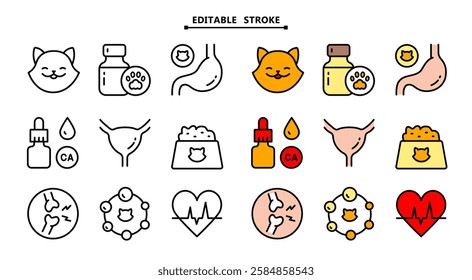 Pets vitamins icons set. Editable stroke. Different types of cats medicine, vitamins and supplements. Simple vector icons for ui and ux, website or mobile application.