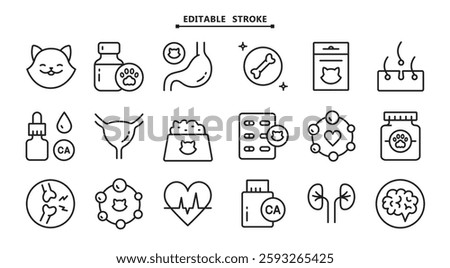 Pets vitamins icons set. Editable stroke. Different types of cats medicine, vitamins and supplements. Simple vector icons for ui and ux, website or mobile application.