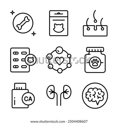 Pets vitamins outline icons set. Different types of pets medicine, vitamins and supplements. Simple outline vector icons for ui and ux, website or mobile application.