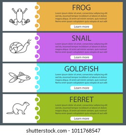 Pets web banner templates set. Frog, snail, goldfish, ferret. Website color menu items with linear icons. Vector headers design concepts