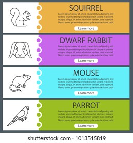 Pets web banner templates set. Squirrel, dwarf rabbit, mouse, parrot. Website color menu items with linear icons. Vector headers design concepts