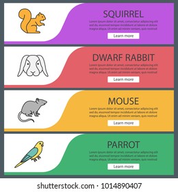 Pets web banner templates set. Squirrel, dwarf rabbit, mouse, parrot. Website color menu items. Vector headers design concepts