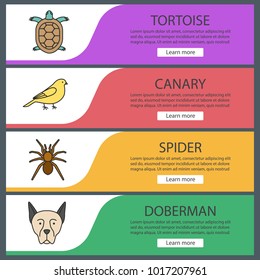 Pets web banner templates set. Tortoise, canary, spider, doberman. Website color menu items. Vector headers design concepts