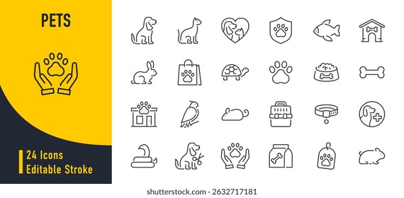 Pets web icons in line style. Dog, cat, rabbit, hamster, bird, bone, pets, vet help. Vector illustration.