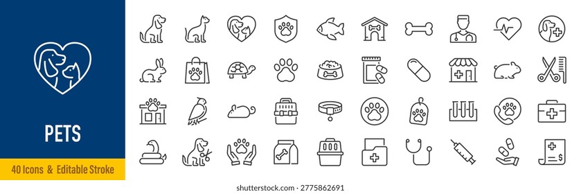 Pets web icons in line style. Dog, cat, rabbit, hamster, bird, bone, pets, vet help. Vector illustration.