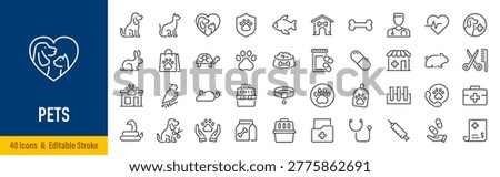 Pets web icons in line style. Dog, cat, rabbit, hamster, bird, bone, pets, vet help. Vector illustration.