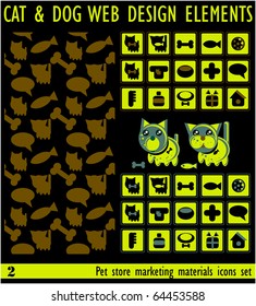 Pets web site set: buttons, icons, background, symbols. Dark background