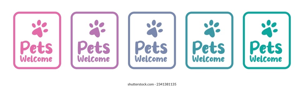 Pets welcome label, sticker,tag, pet friendly, text design pink to blue tone color, transparent, white background