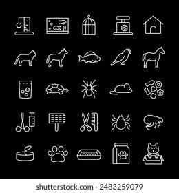 Pets, white line icons. Icons of domestic animals and veterinary symbols. Ideal for pet care and animal themes. Symbols on black background. Editable stroke.