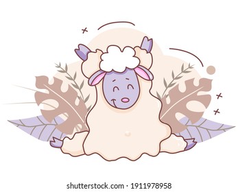 Pets yoga time. A cute lamb is engaged in yoga, sitting in an asana, twine. Lifestyle and hobbies at home - yoga farm animals on a decorative background with tropical leaves. Vector illustration