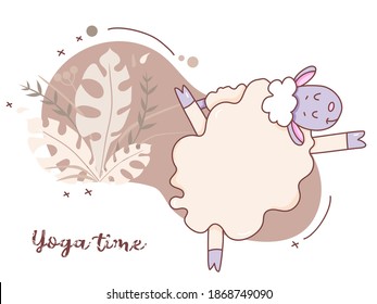 Pets yoga time. A cute sheep yogi standing in an asana and stretching. Vector illustration of a farm animal on a decorative background with tropical leaves