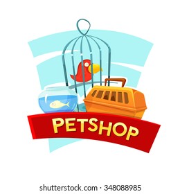 Petshop concept design with aquarium fish, cage birds and container carrying animals, vector illustration