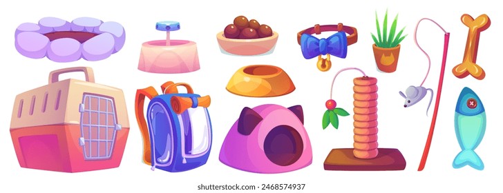 Petshop goods collection. Cartoon vector illustration set of food, accessories and and toys for domestic dogs and cats - carrying bags and collar, pet home and bed, bowl for feeding and water.