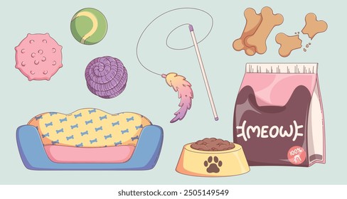 Petshop goods collection for domestic cat and dog - animal bed and feline food in paper package bag, full feeding bowl with paw image, ball and feather toys, bone shaped cookie. Cartoon vector set.