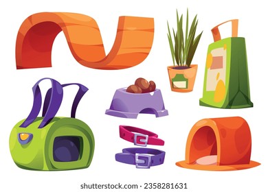 Petshop goods isolated on white background. Vector cartoon illustration of animal carrier, soft bed, color collars, food in bowl, green grass in pot, pet box filler in paper bag, wooden platform