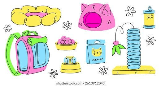 Petshop goods set illustration - pet carrier backpack, cat house and dog bed, l toy and food bowl, canned meals and fountain drinker. Domestic animal supplies and vet care equipment collection.