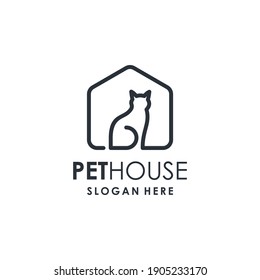 Diseño del logotipo de arte de la línea de Petshop. Combinación de Gato y Casa. Sencillo, Moderno, Limpio, Minimalista.