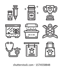 Petshop line icon set. Included icons as pet shop, pets, cat, dog, vitamin, toy and more.