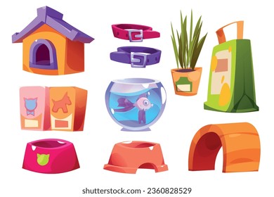 Petshop products and accessories - fish in aquarium, pet house, packs and bag of food and bowls for feeding dogs and cats, collars. Cartoon zoo shop with domestic animals care supplies and stuff.