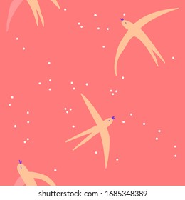 Pettern with birds. Cute spring seamless pattern with flying birds in the sky. Animal background. 