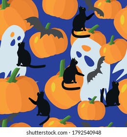 
pettern with black cats, pumpkins, ghosts and bats halloween