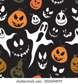 Pettern for a festive design with pumpkins and a ghost on a black Halloween background. For decorating fabrics,for printing brochures, posters, parties, vintage textile design, postcards, packaging