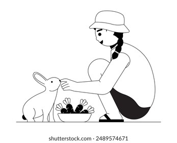 Petting and feeding a rabbit with lots of carrots, kid and pet vector illustration.